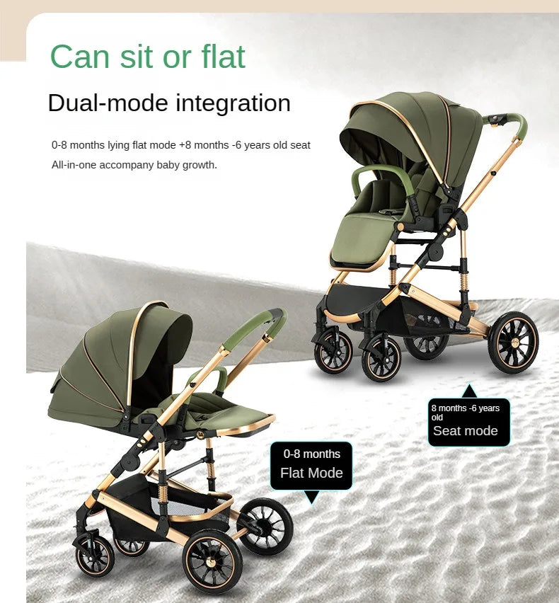 High View Two-way Stroller Eggshell Sleeping Basket Can Sit or Lie Down Lightweight Four Wheel Stroller Luxury Trolley Pushchai