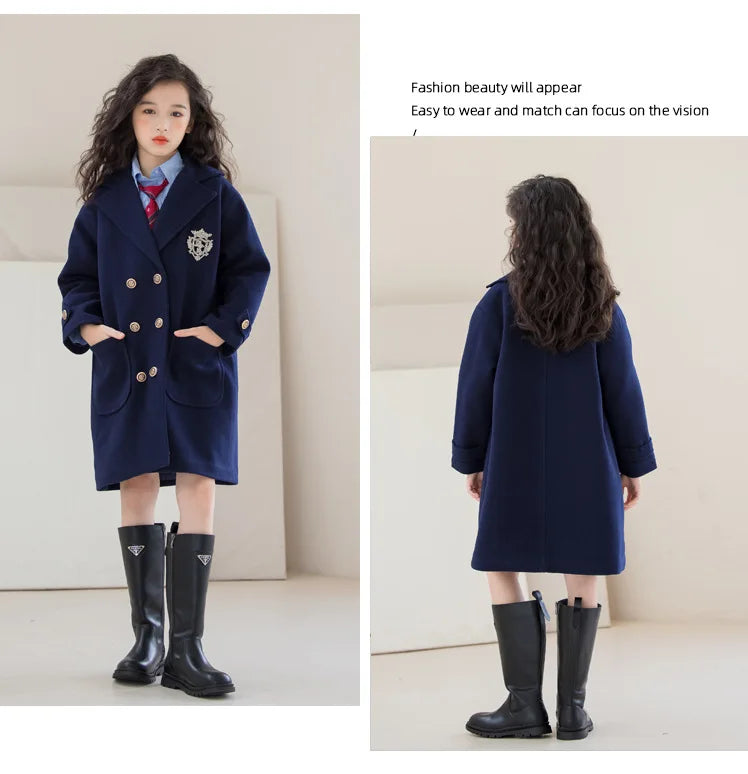 Teens Girls Winter Jacket Preppy Style Navy Mid-length Wool Coat for Kids Thick Warm Casual All-match School Children Outerwear