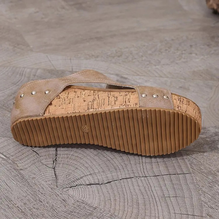 Women's Fashion Wedge Sandals Cork Platform Mules Open Toe Studded Slide Sandals Casual Summer High Heel Slides for Women Ladies