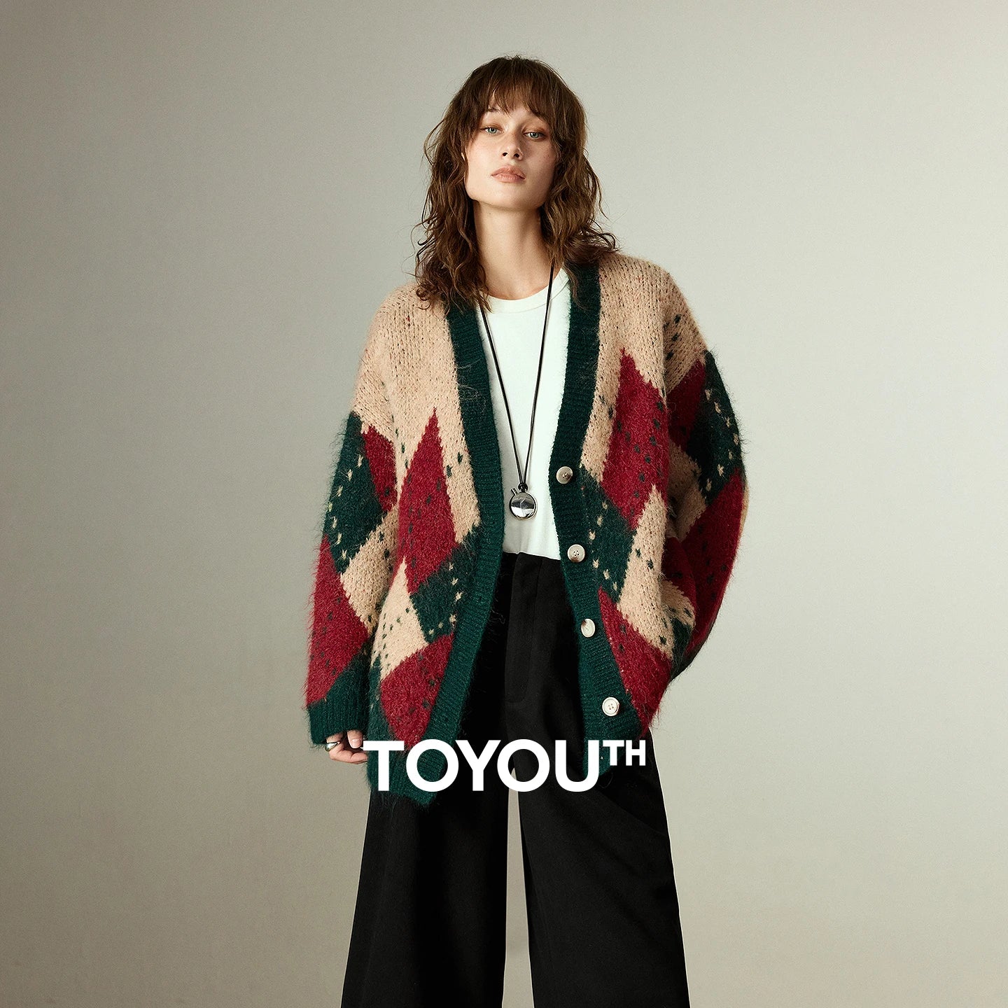 TOYOUTH Women Sweater Coats 2025 Winter New Retro Nordic Colorblock Argyle V-Neck Loose Wool-Blend Outerwear