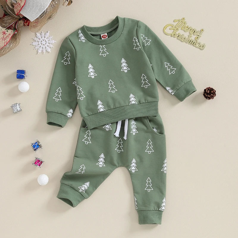 Conjunto de pantalones y sudadera con diseño floral de árbol de Navidad para bebé niño 2t 3t