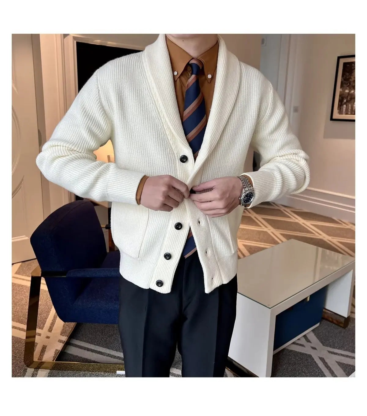 Men's Clothing Cardigan Jacket V Neck Coat Knit Sweater Male Plaid Elegant Casual Long Sleeve 100% Korean 2024 Autumn Classic