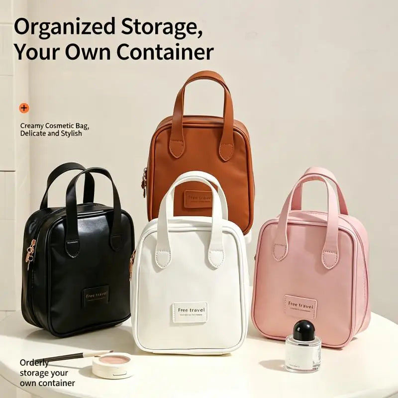 Cream Style PU Makeup Bag Portable Handheld Large Capacity Waterproof Cosmetic Organizer Bag Travel Women Beauty Storage Bag