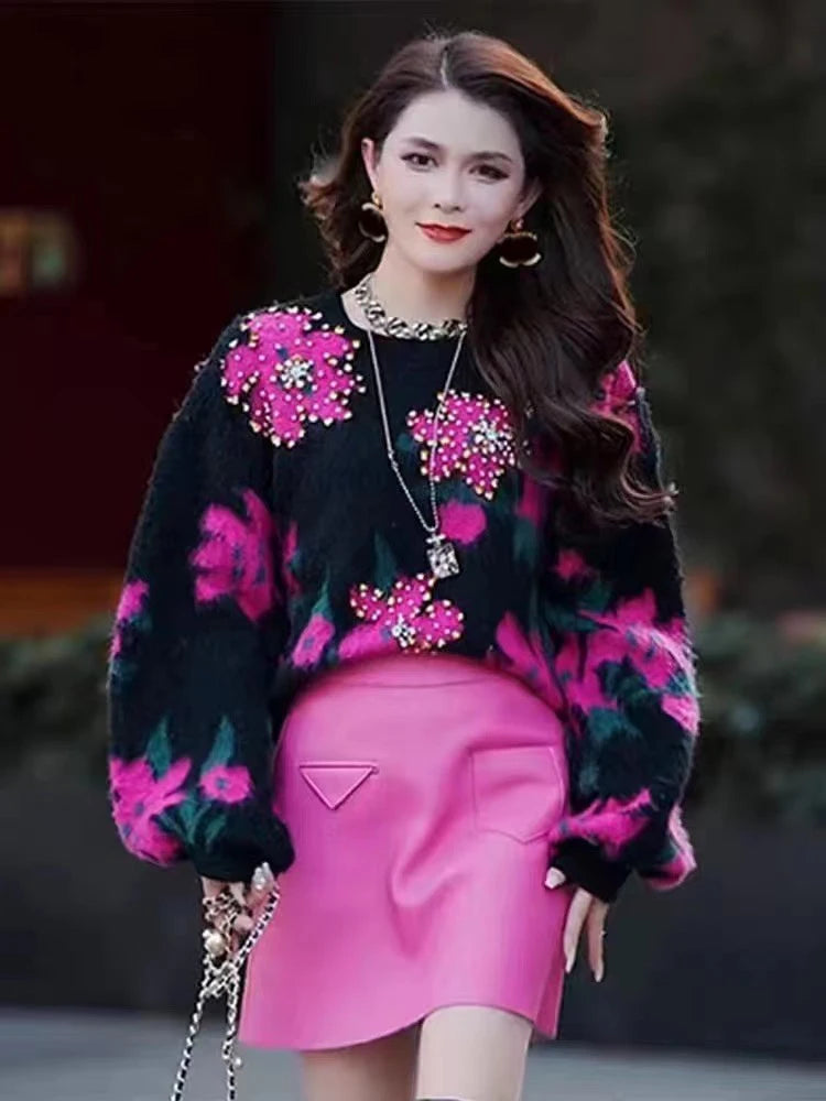 Vintage Diamond Flowers Jacquard Knit Pullover Autumn Winter Thick Women Sweater Cashmere Soft Loose Mohair Knitwear Warm X411