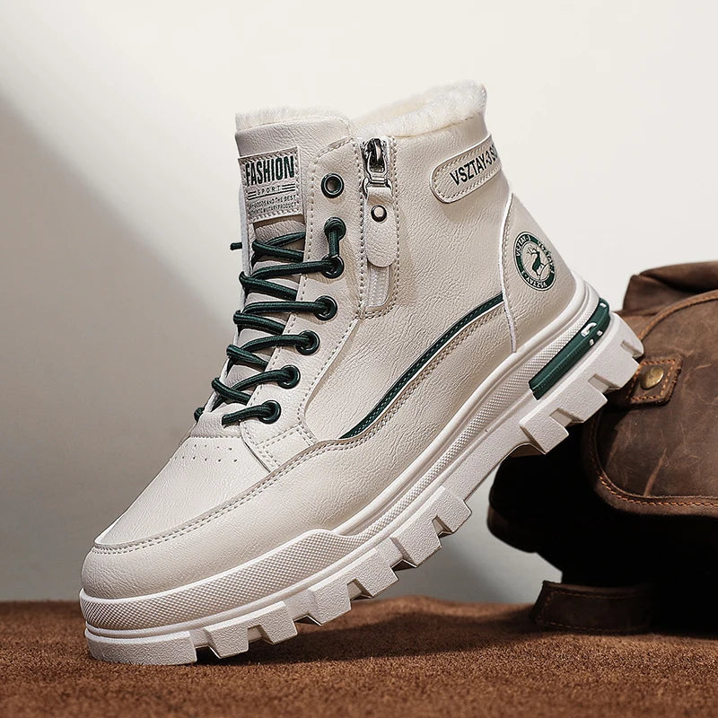 Winter Fleece-Lined Warm High-Top Men's Boots, Korean Style Versatile Men's Boots, Thickened Lightweight Cotton Shoes, Trendy Outdoor Snow Boots