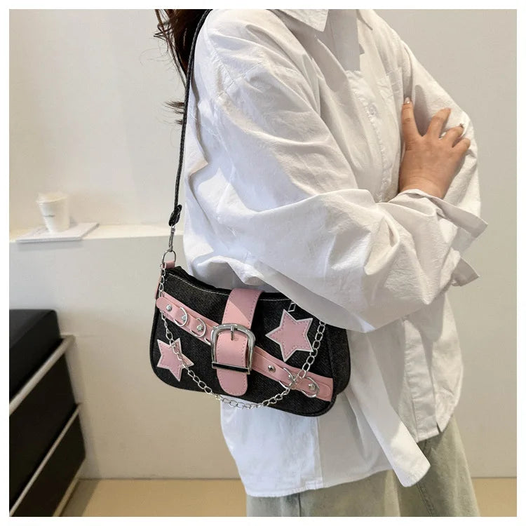 Y2k Hot Girls Denim Shoulder Bags Retro Rivet Star Women's Underarm Bag Portable Female Chain Armpit Bag Small Purse Handbags