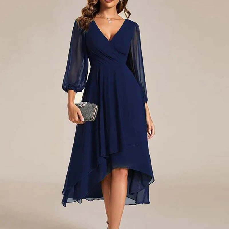 Spring Summer Elegant V Neck A-Line Long Dress Women Fashion Mesh Sleeve Loose Party Dress Women Beach Holiday Evening Dresses