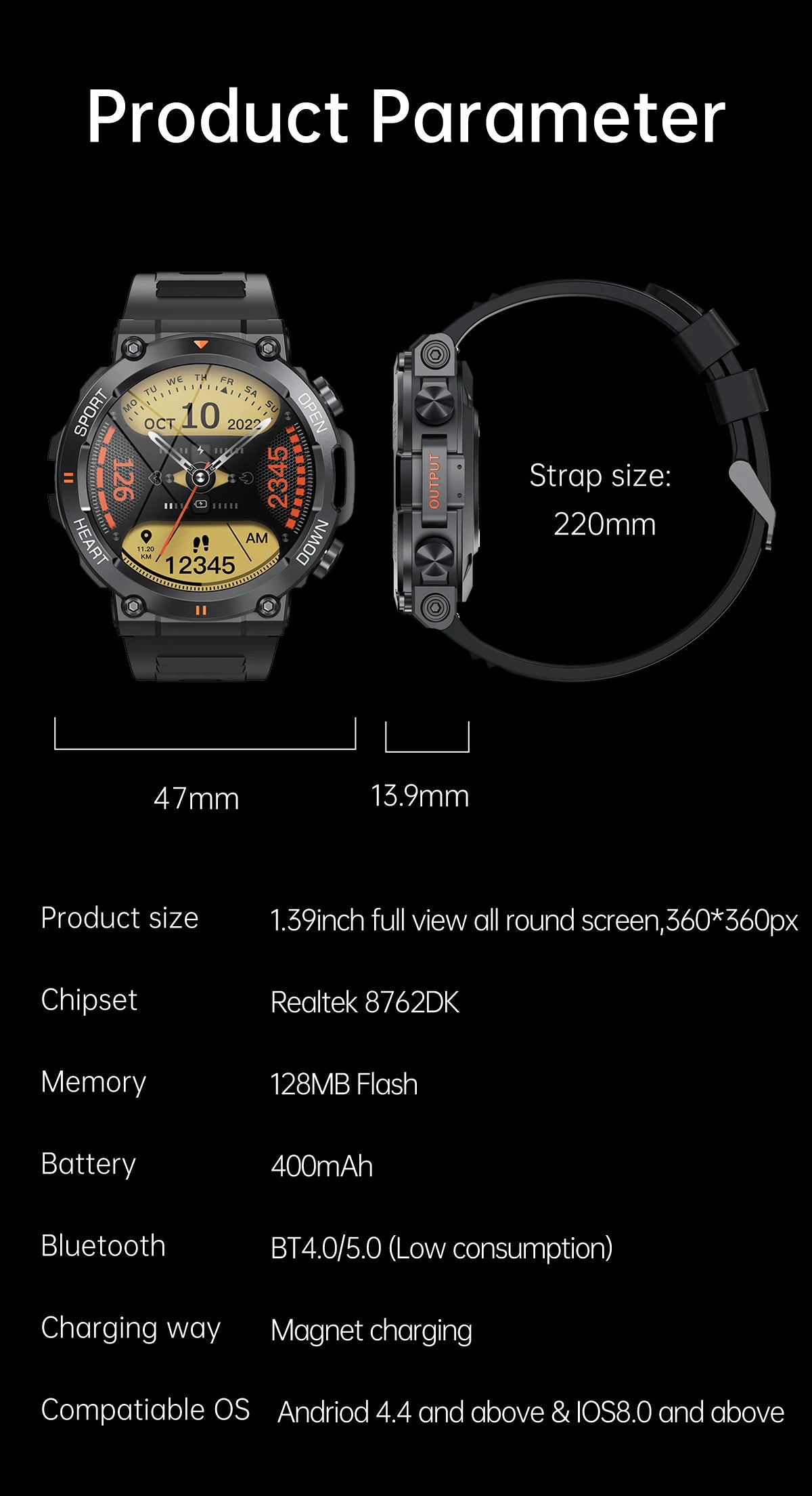 2023 Smart Watch Men Military Healthy Monitor 1.39 inch Bluetooth Call Fitness Waterproof Sport Smartwatch for IOS Android Phone