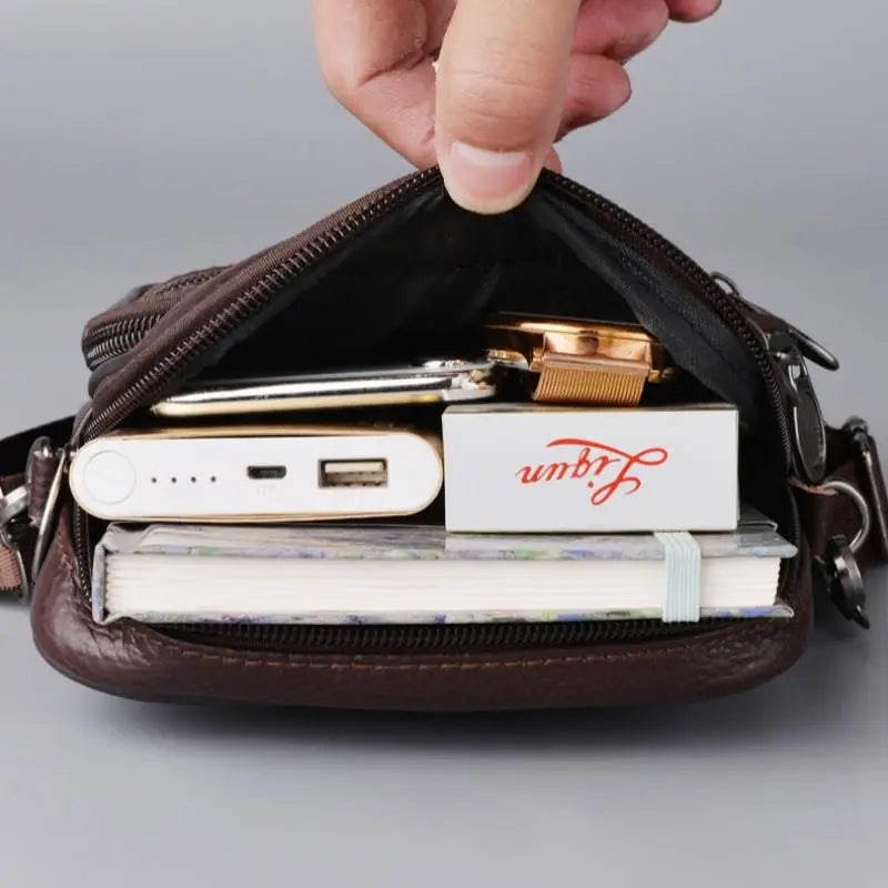 Men’s Genuine Leather Crossbody Bag,Double Zipper Small Shoulder Bag,Compact Multi-Pocket Sling Bag for Everyday Carry