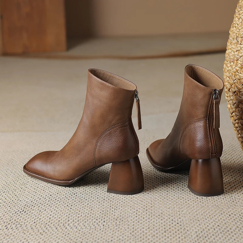 2024 Autumn/winter Women Boots High Heels Square Toe Short Boots Women Shoes Office Lady Gladiator Lady Shoes Genuine Leather