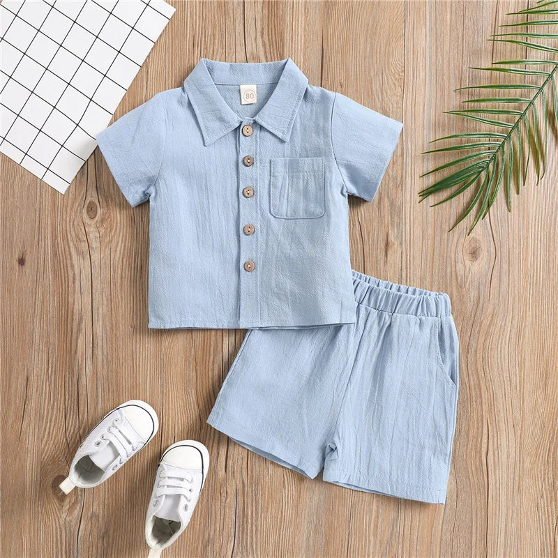 Blotona 2 uds conjunto para niños pequeños, camisa de manga corta con solapa de Color sólido para niños pequeños, Tops + Pantalones cortos de cintura elástica