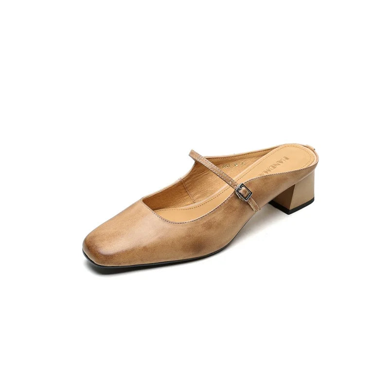 2026 New Summer Women Mules Genuine Leather Women Shoes Squared Toe med Heel Cover Toe Slingback Shallow Modern Slippers