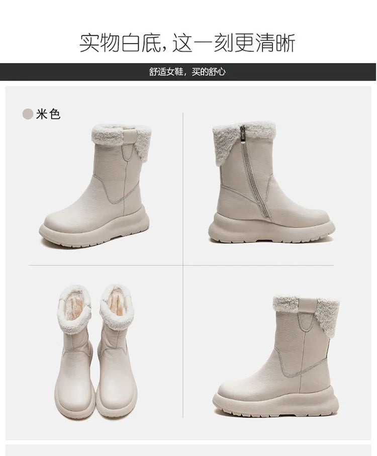 Koznoy 5cm Natural Genuine Leather Chunky Cow Spring Rubber Ankle Boots Soft Soled Winter Plush Flats Booties Autumn Women Shoes