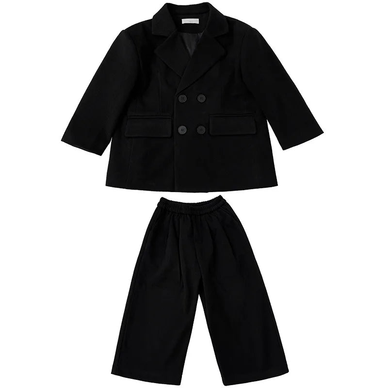 Boys Woolen Suit Set Autumn Winter Thicken Warm Casual Blazers Trousers Two-piece Children White Wedding Outfits 2 To 12 Years