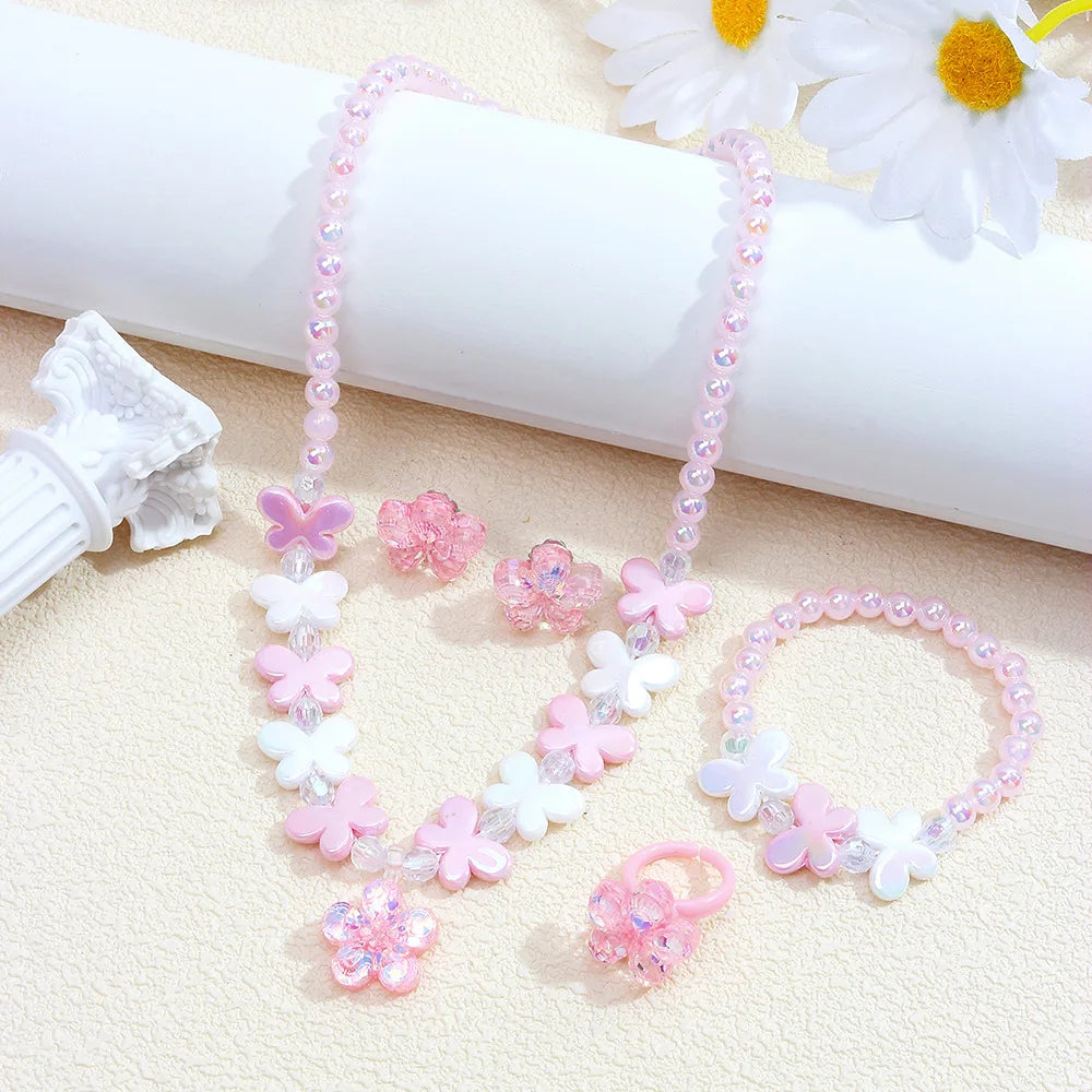 Girls' 5-Piece Jewelry: Flower Pendant, Earrings, Ring, Beaded Necklace & Bracelet, Cute Versatile Kids' Accessories