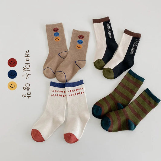 Children 4 Pairs Socks Autumn Letter Sport Cotton Socks Non-slip Kids Boys Girls Calf Socks