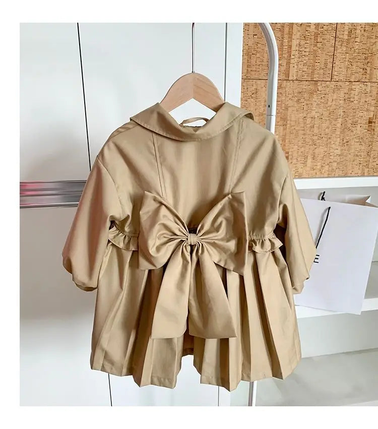 Chaquetas de vestir de color caqui para niñas, gabardina con cuello vuelto para niñas, ropa larga con lazo bonito, cortavientos para niños pequeños