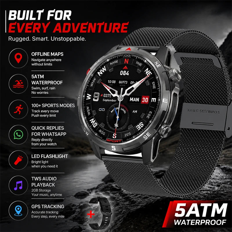 New Outdoor Smart Watch 1.43inch Screen 2GB Memory Map Navigation GPS Positioning 5ATM Waterproof LED Flashlight Smart Watch