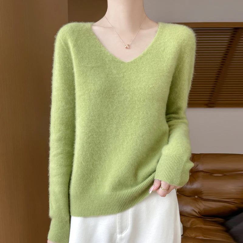 Fashion Pullover 100% Merino Wool Women Sweater V-Neck Long Sleeve Basic Jumper Spring Autumn Winter Clothing Knitwear Tops