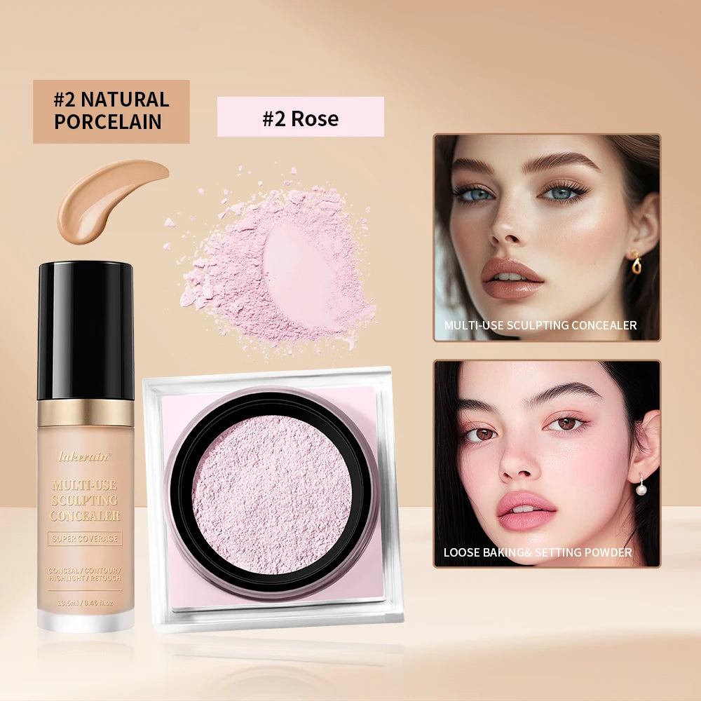2pcs Face Makeup Set With Concealer And Loose Setting Powder Natural Face Smooth Matte Finish Women Cosmetics Korean Makeup