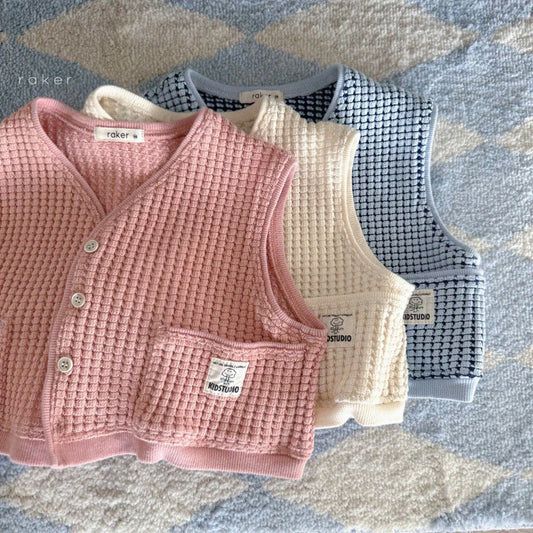 Spring New Baby Sleeveless Vest Infant Boy Girl Waffle Cardigan Coat Toddler Solid Casual Vest Kids Pocket Tops Jacket