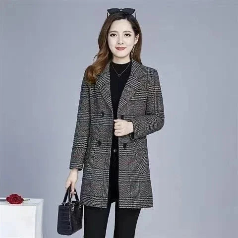 Mother's clothing Plaid Woolen Jacket 5xl Autumn Winter Female Thicken Slim Middle length Outwear Korea Women's Casual Wool Coat