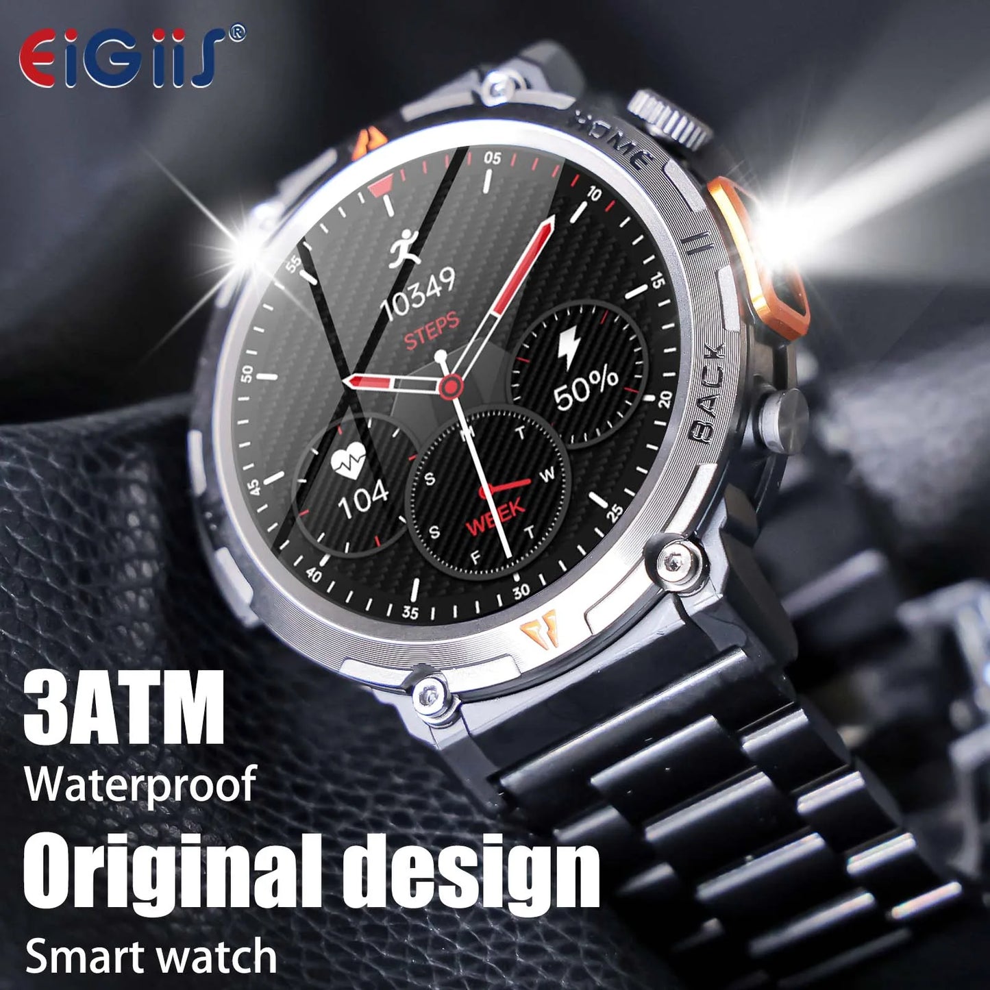 EIGIIS Smart Watch KE3 3ATM Waterproof Sport Genuine Original Design Men Bluetooth Call Health Monitor With Flashlight