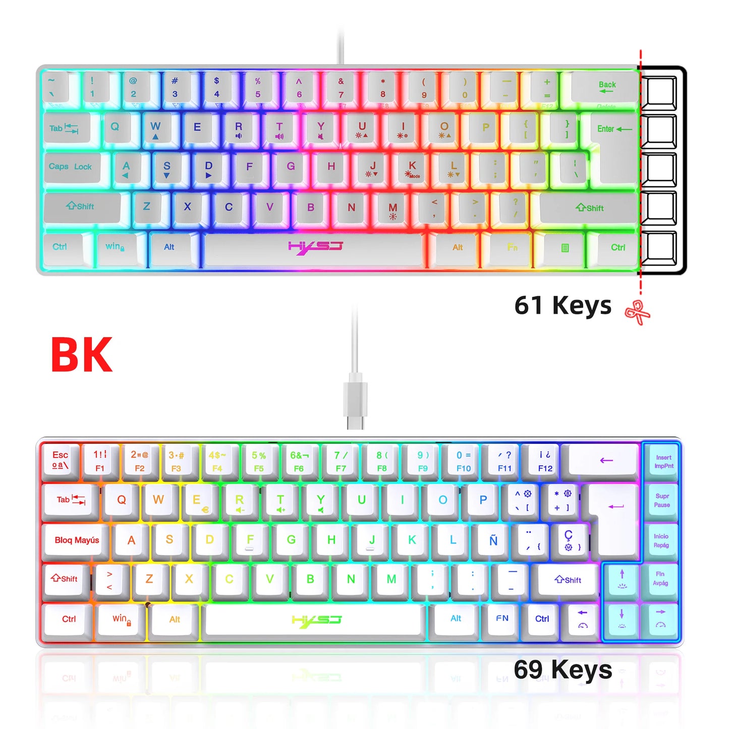 68 Keys Gaming Keyboard USB Wired Portable 20 RGB Backlight Korean Spanish English Keyboard for Windows Laptops Computer