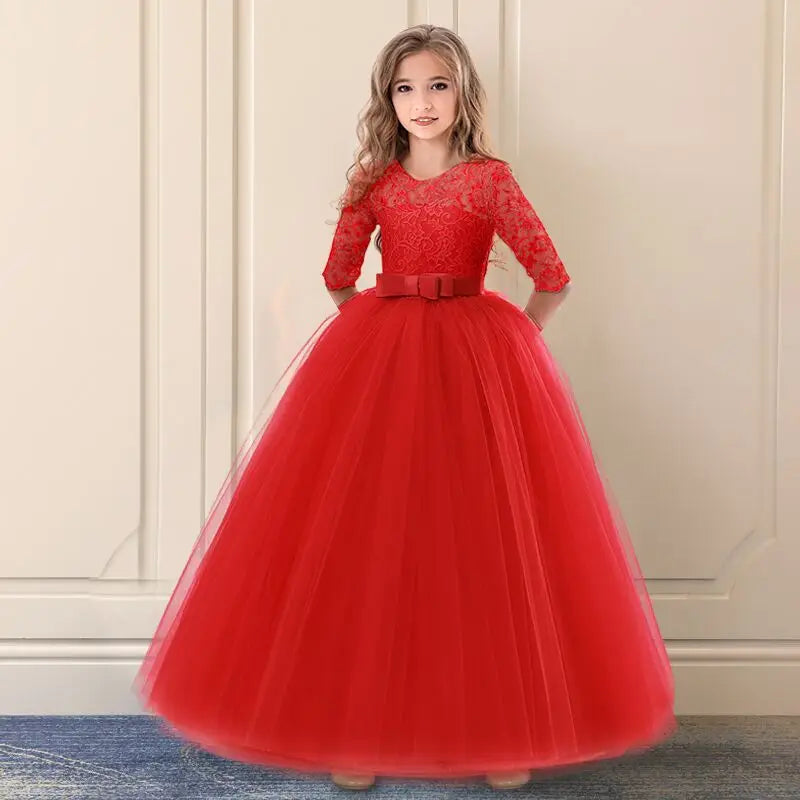 Elegant Princess Lace Dress Kids Flower Embroidery Dresses For Girls Vintage Children Dresses for Christmas Party Red Ball Gown