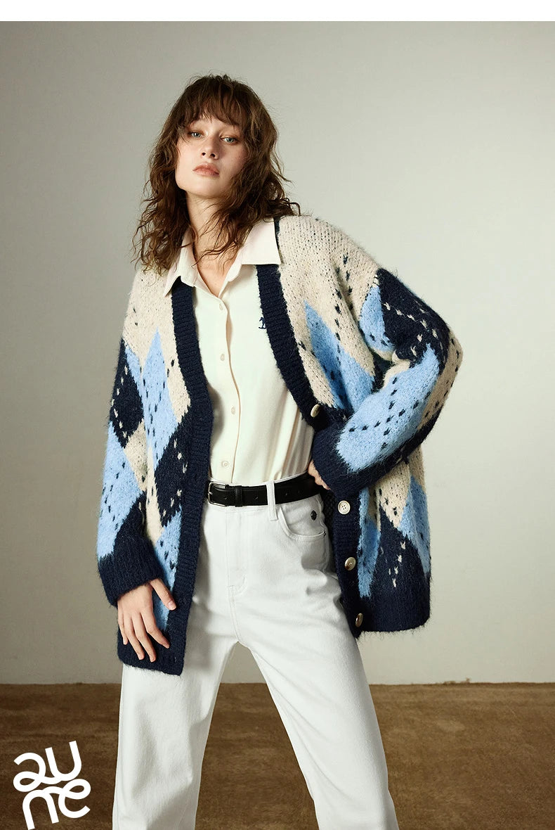 TOYOUTH Women Sweater Coats 2025 Winter New Retro Nordic Colorblock Argyle V-Neck Loose Wool-Blend Outerwear
