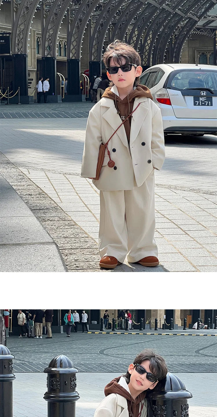 Boys Woolen Suit Set Autumn Winter Thicken Warm Casual Blazers Trousers Two-piece Children White Wedding Outfits 2 To 12 Years
