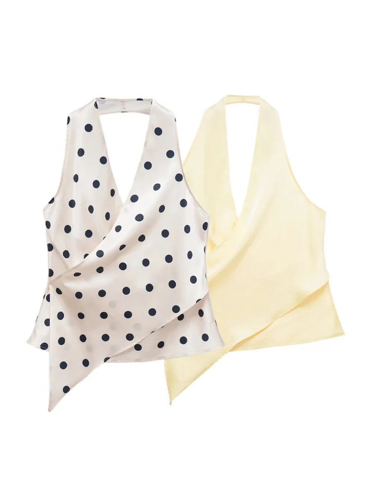 HH Women Fashion Halter Tops Draped Asymmetrical Hem Elegant Satin Sleeveless Summer Vest Female Casual Party Polka Dot Tops