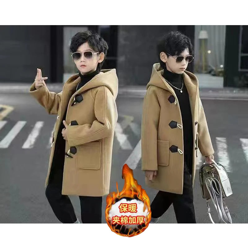 New Boy Wool Coat Winter Fashion Hooded Jacket Solid Single-Breasted Plus Cotton Warm Outerwear Children High Quality Parka