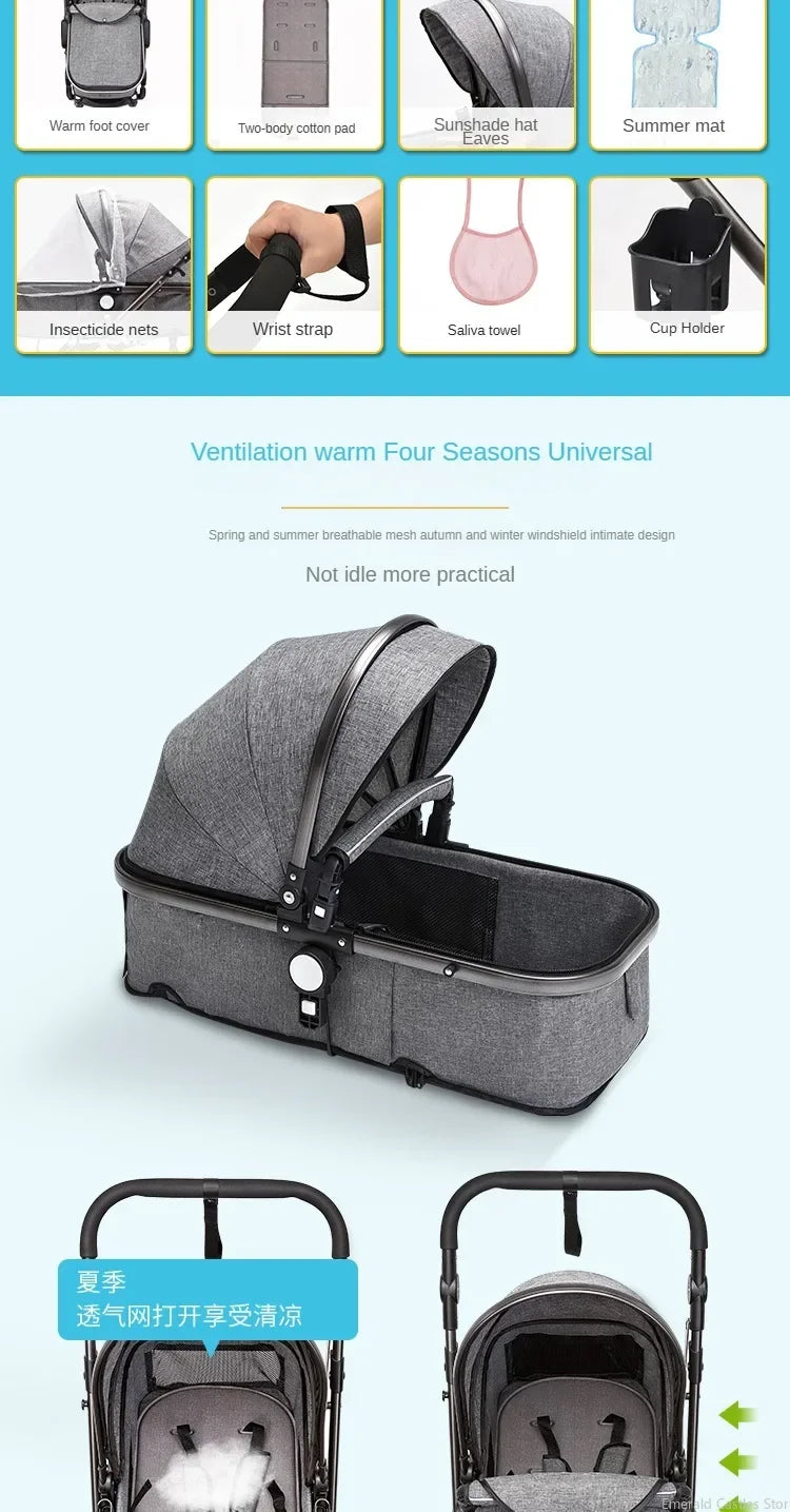 Baby stroller 3in1 with car seat with ISOFIX base, luxury high landscape baby carriage aluminum alloy frame travel stroller