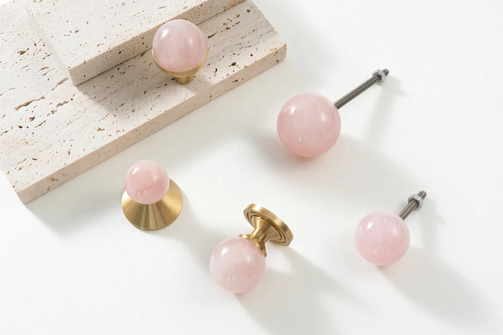 Pink Rose Quartz + Brass Cabinet Pulls,Natural Crystal Ball Knobs for Kitchen Cupboard Dresser Wardrobe, Gold Furniture Hardware