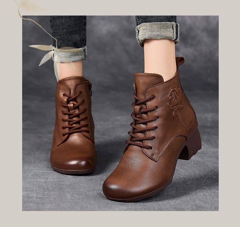 GKTINOO Spring Autumn Women Boots Genuine Leather High Heels Ankle Boots For Women Shoes Retro Handmade Zipper Short Boots