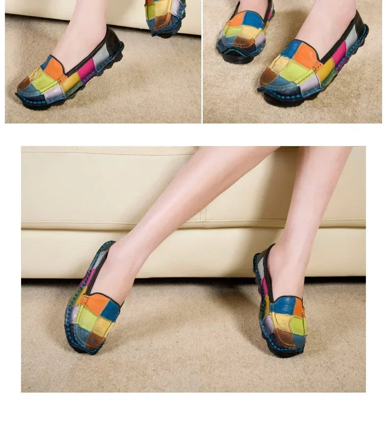 Birkuir Retro Mixed Colors Flats Women Shoes Soft Soles Loafers Shoes Genuine Leather Slip On Luxury Casual size 41 42 Shoes