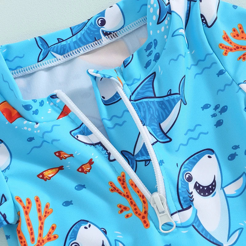 Toddler Baby Boys Rash Guard Swimsuit Rompers Zipper Short Sleeve Shark Print Kids Bathing Suit Swimwear