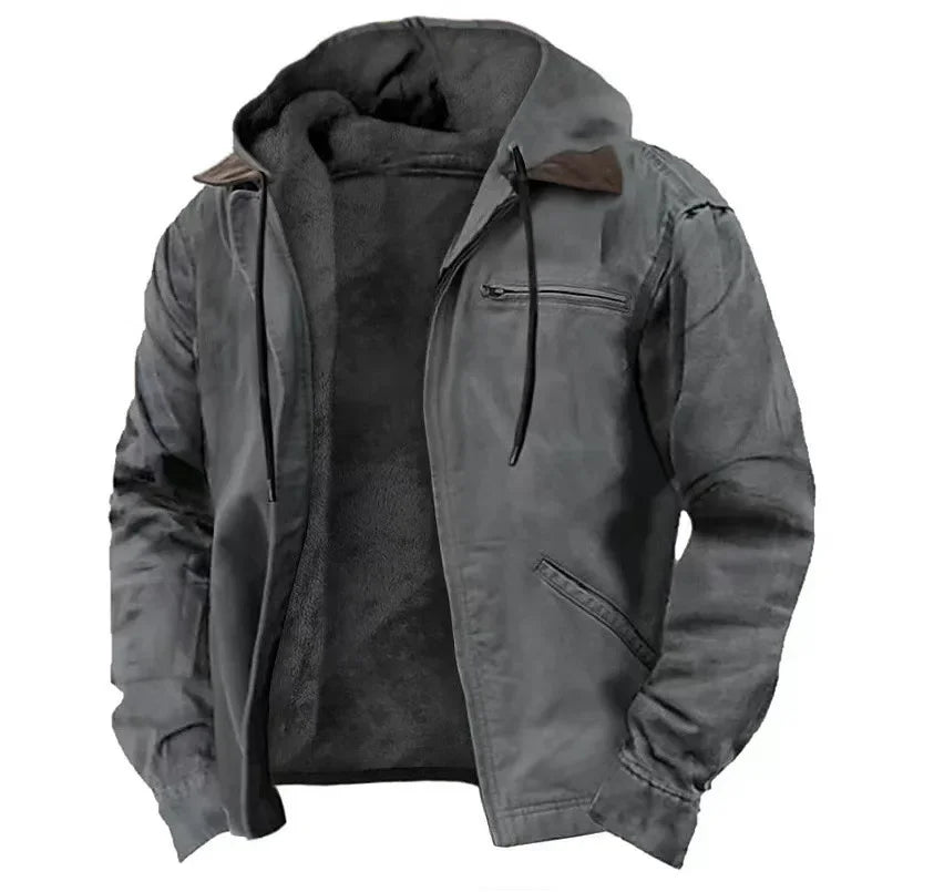 Men's Casual Jackets Hooded Zipper Pocket Fashion Solid Color Fleece Warm Outerwear Male Outdoor Hooded Hoodie Coats Winter 2025