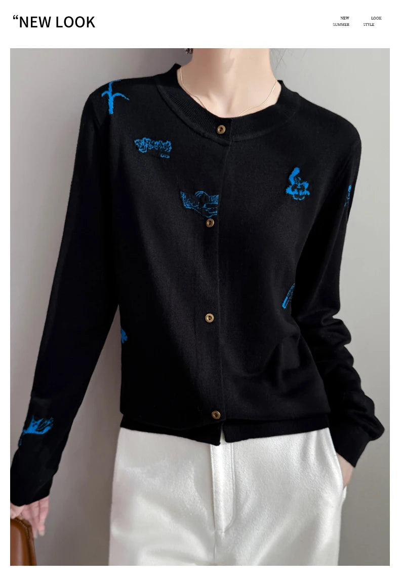 2025 New Merino Worsted Wool Women Sweater Spring Female Knitted Cardigan Long Sleeve Solid Clothing Tops Embroidery Outerwear