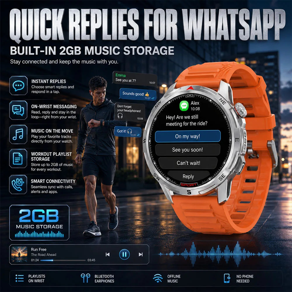 New Outdoor Smart Watch 1.43inch Screen 2GB Memory Map Navigation GPS Positioning 5ATM Waterproof LED Flashlight Smart Watch