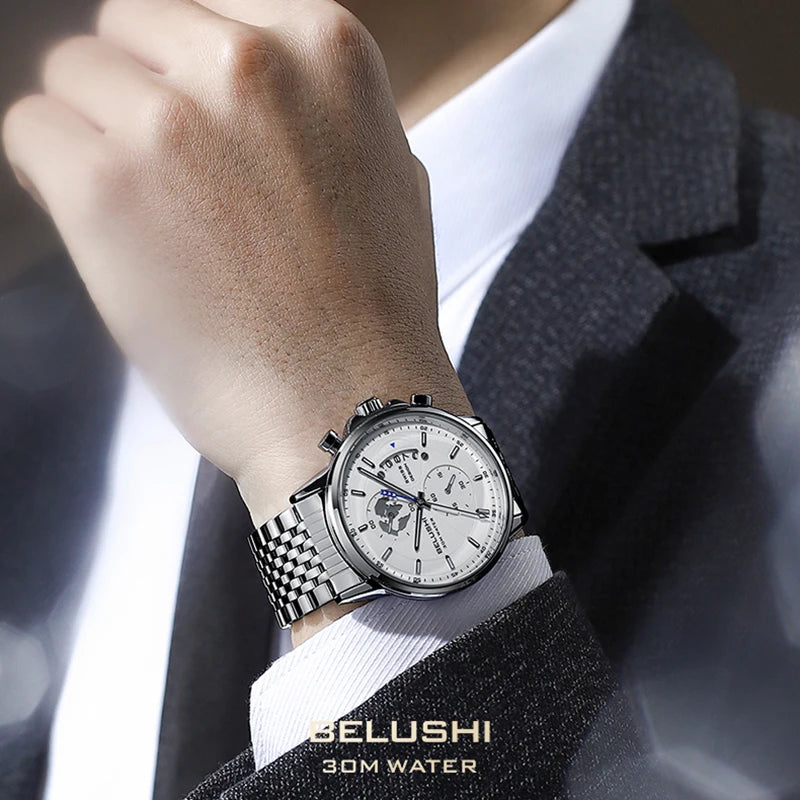 BELUSHI New Men Watches Luxury Brand Business Casual Watch For Men Stainless Steel Big Dial  Quartz Chronograph Clock Waterproof