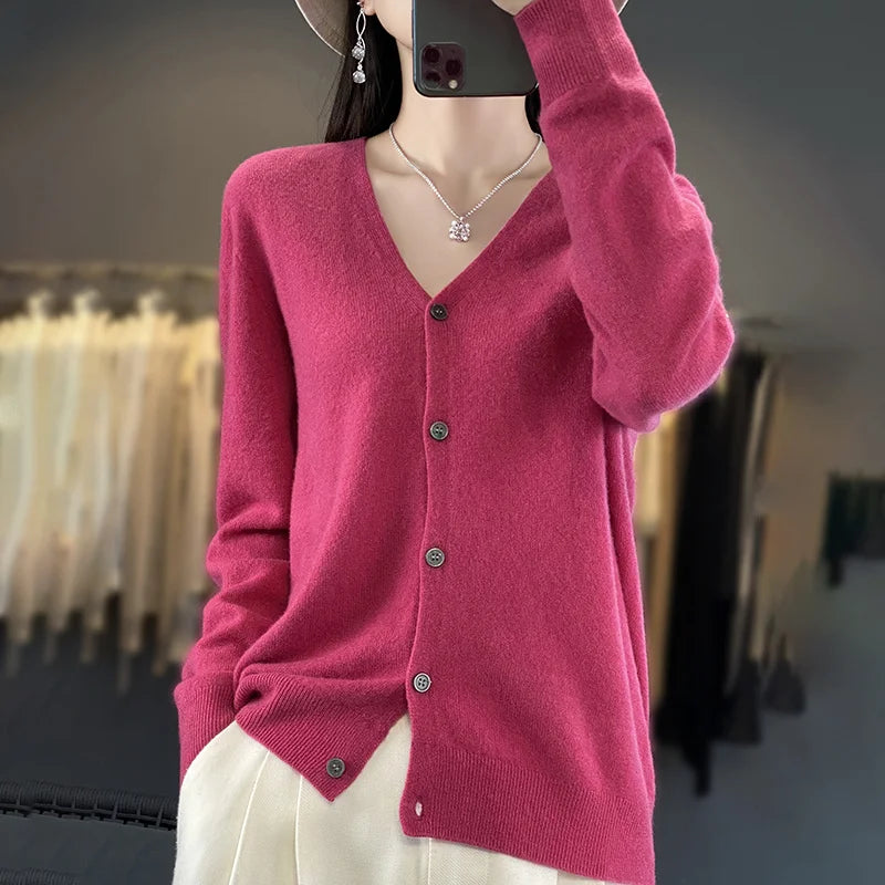 New Fashion Spring Autumn 100% Merino Wool Women's V-neck Cardigan Cashmere Sweater 2024 Female Knitwear Clothing Korean Tops
