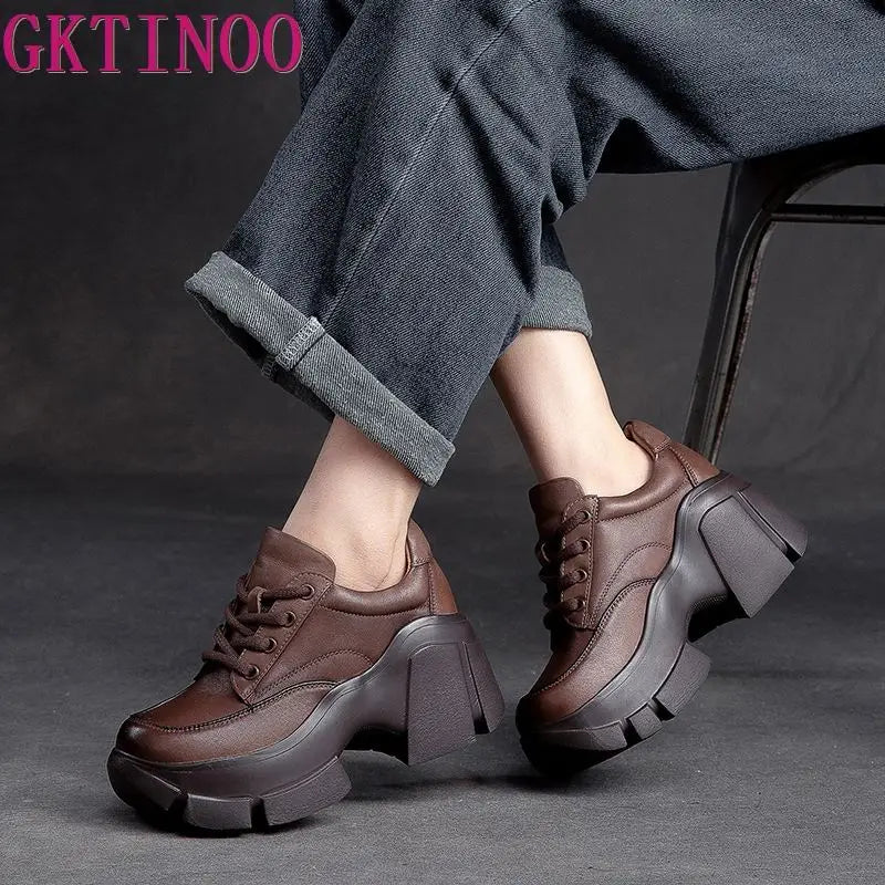 GKTINOO 2026 Women Shoes Handmade Retro 100% Genuine Leather Thick High Heel Chunky Platform Casual Height Increasing Shoes
