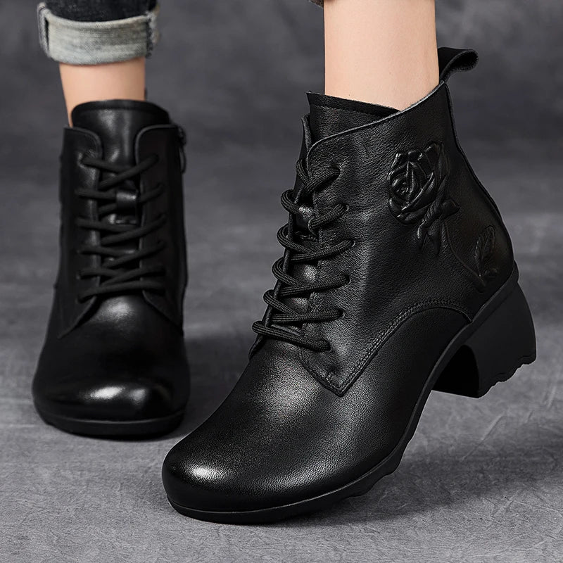GKTINOO Spring Autumn Women Boots Genuine Leather High Heels Ankle Boots For Women Shoes Retro Handmade Zipper Short Boots