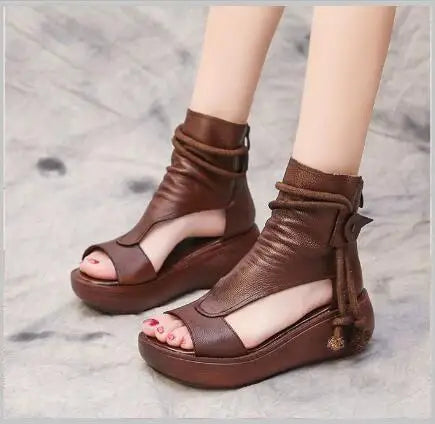 GKTINOO 2026 New Summer Black Women Leather Sandals Cool Boots Platform Shoes Wedges Sandals Women Shoes Fashion Outdoor Sandals
