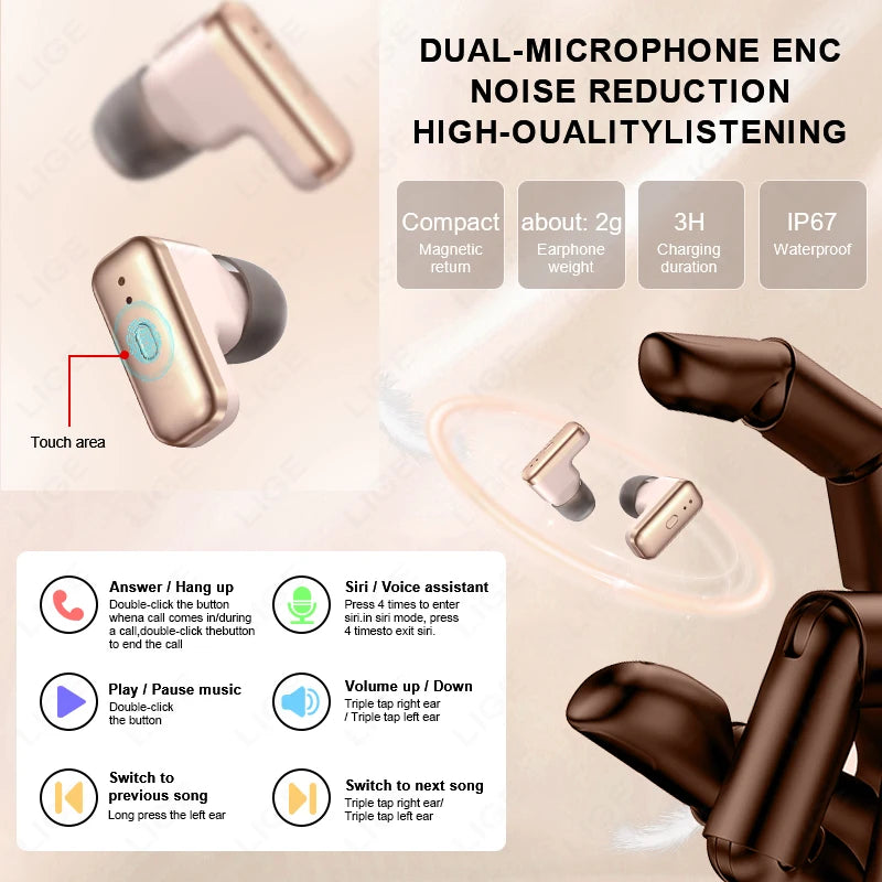 LIGE 2 In 1 TWS Headset Smart Watch 1.39" Women Men Sport Fitness Heart Rate Health Tracker Watches Earphone Music Smartwatch