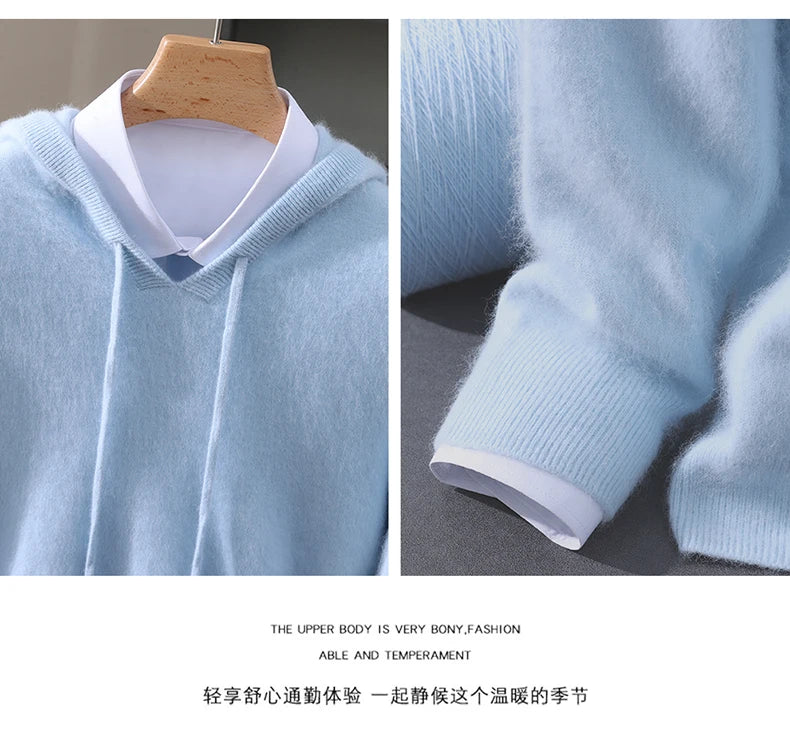 Men's Clothing: 100% Pure Mink Cashmere Knitted Sweater Casual And Loose Large-Sized Hooded Pullover Autumn Winter New Products