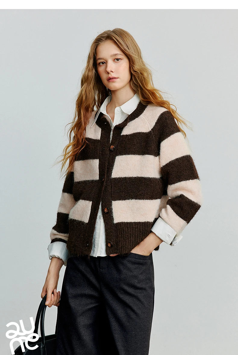 TOYOUTH Women Sweater 2025 Autumn New Color Contrasting Lulu Style Striped Cardigan Tops