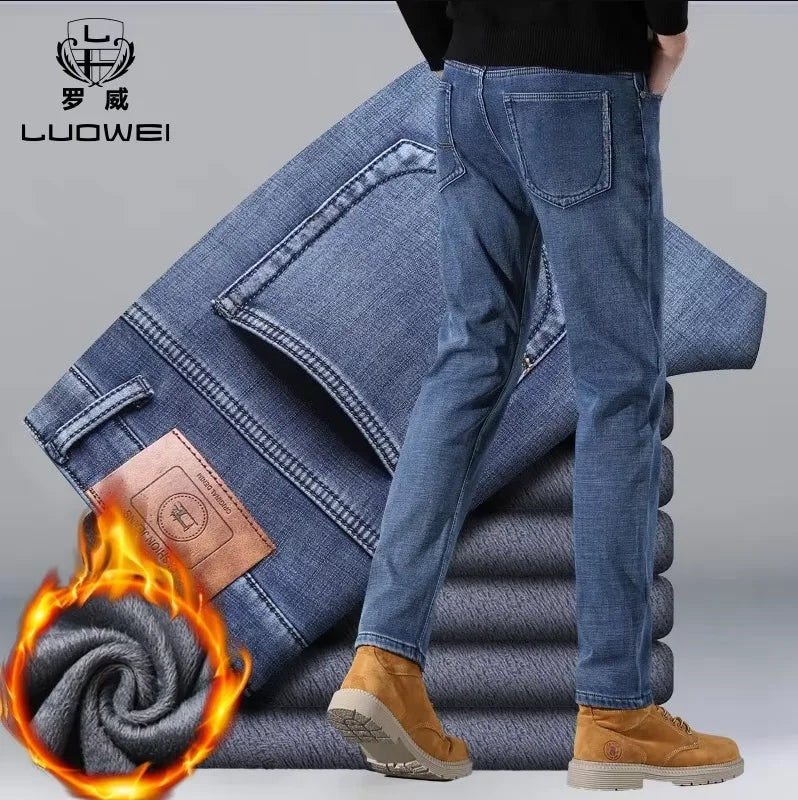 Brand Men Jean Warm Autumn Winter Loose Straight Jeans Male Casual Fleece Lined Thickened Denim Pant Elastic Waist High Trousers